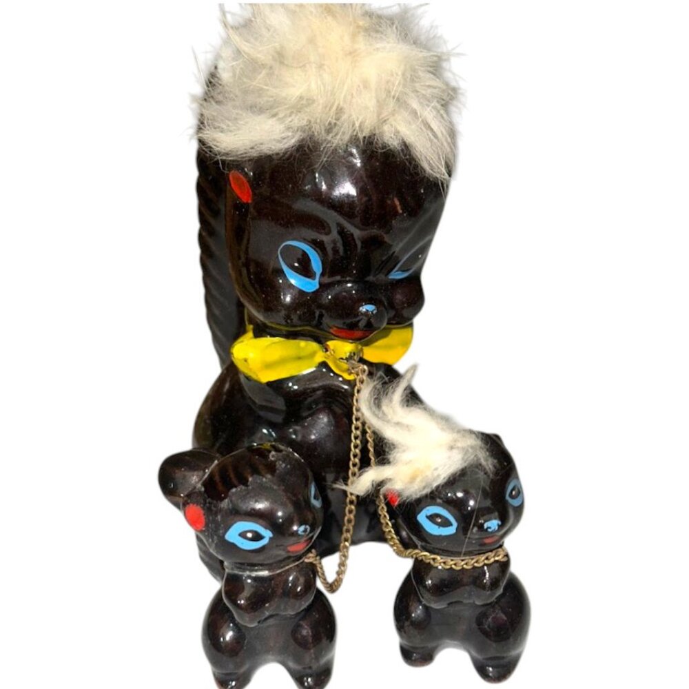 Vintage Redware Pottery Fuzzy Head Skunk Family on Chain